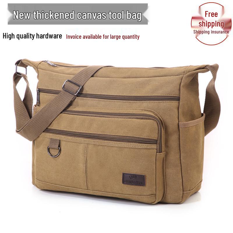 Electrician s Wear-Resistant Multi-Functional Canvas Tool Bag Medium Thick Canvas Horizontal Zipper Khaki