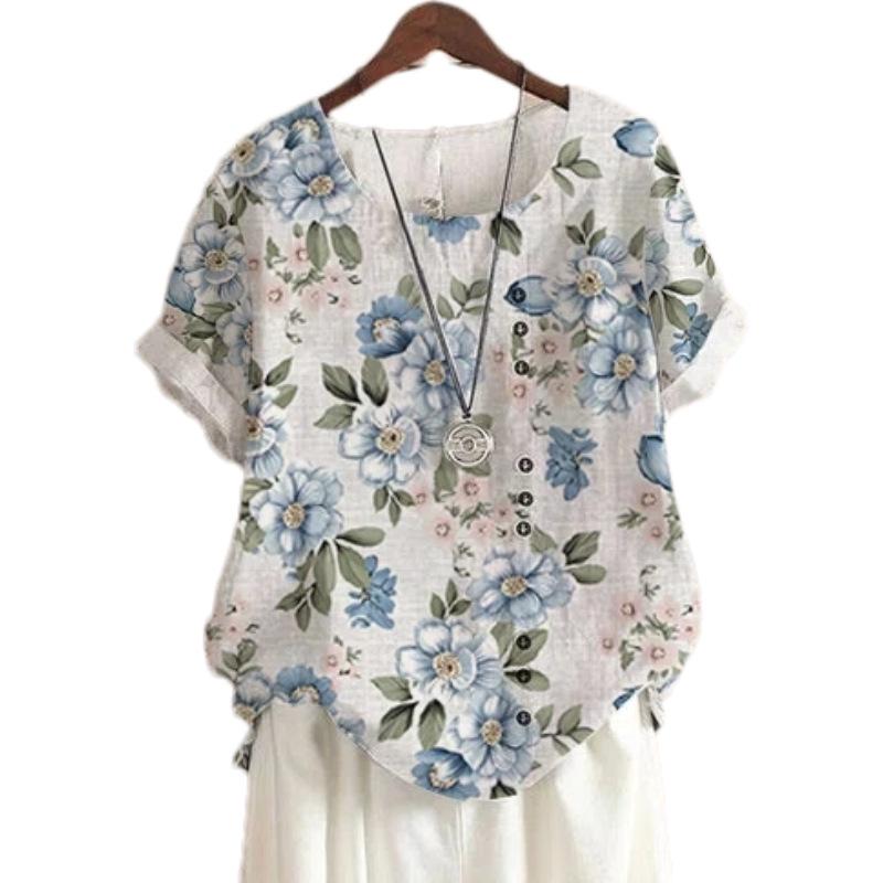 Women's 2026 Summer Retro Faux Cotton Linen Print Loose Casual Short Sleeve T-Shirt