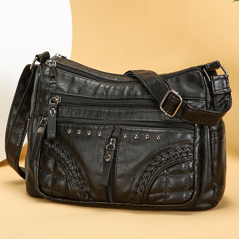 Damentasche Weiches Leder Mehrschichtige Schultertasche Einfarbige Umhängetasche Leichte Muttertasche