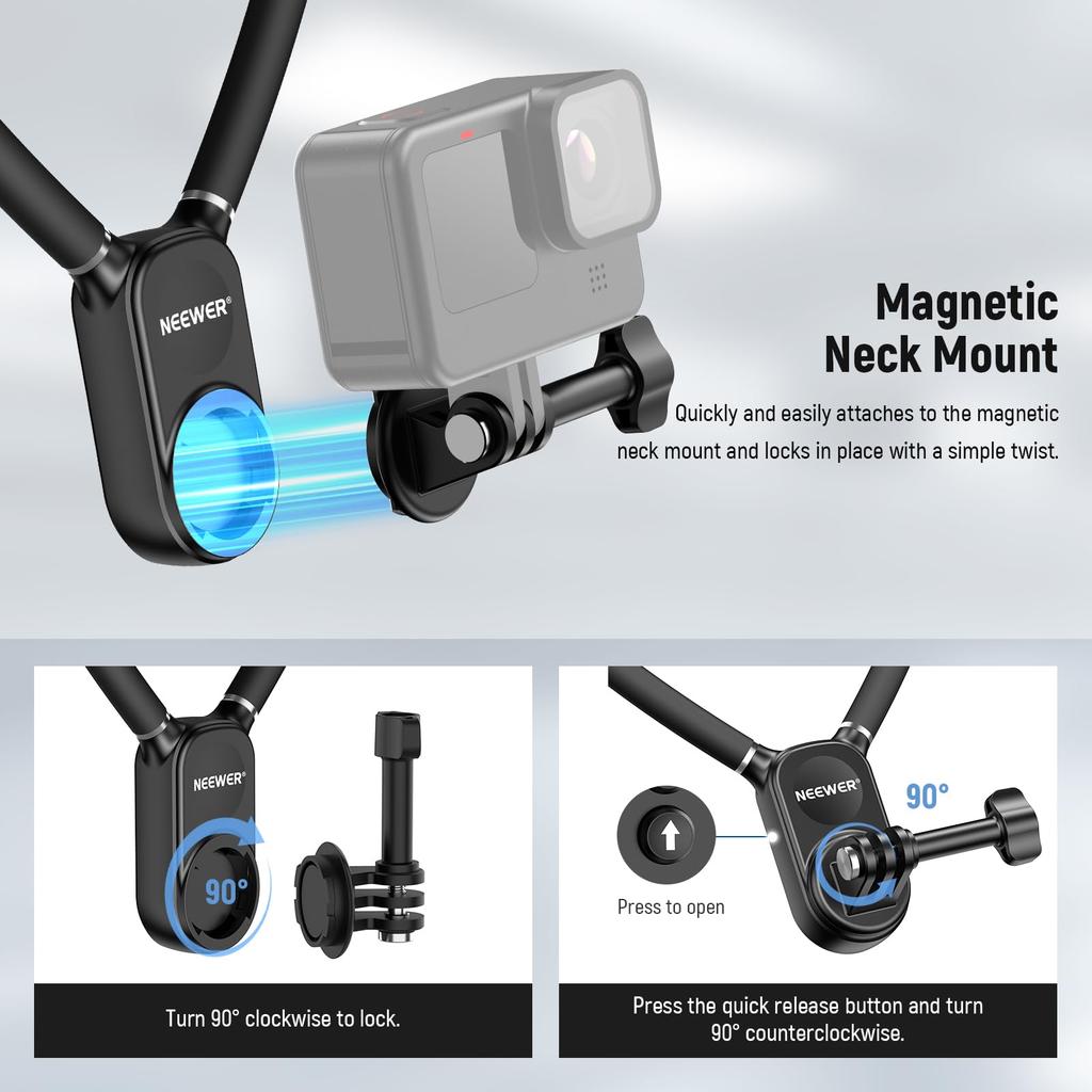 Magnetic Neck Mount for Action Cameras - Compatible with Hero 13/12/11, Osmo Action 5 Pro, Insta360, iPhone, Quick Release Adjustable POV Mount