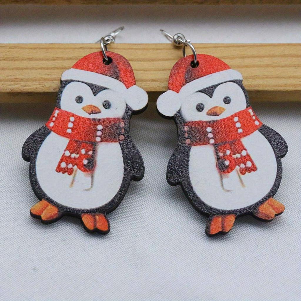 1 Pair of Cute Cartoon Christmas Penguin Wooden Pendant Earrings with Simple Style, Suitable for Daily Wear All Year Round