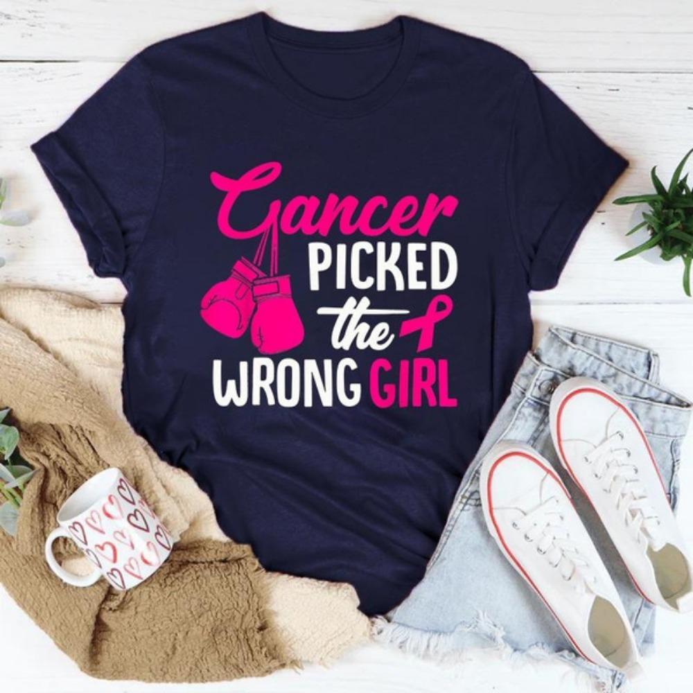 Breast Cancer Cancer Picked The Wrong Girl Printing T-Shirt Fashion Short Sleeve Summer Cool Top Tee S