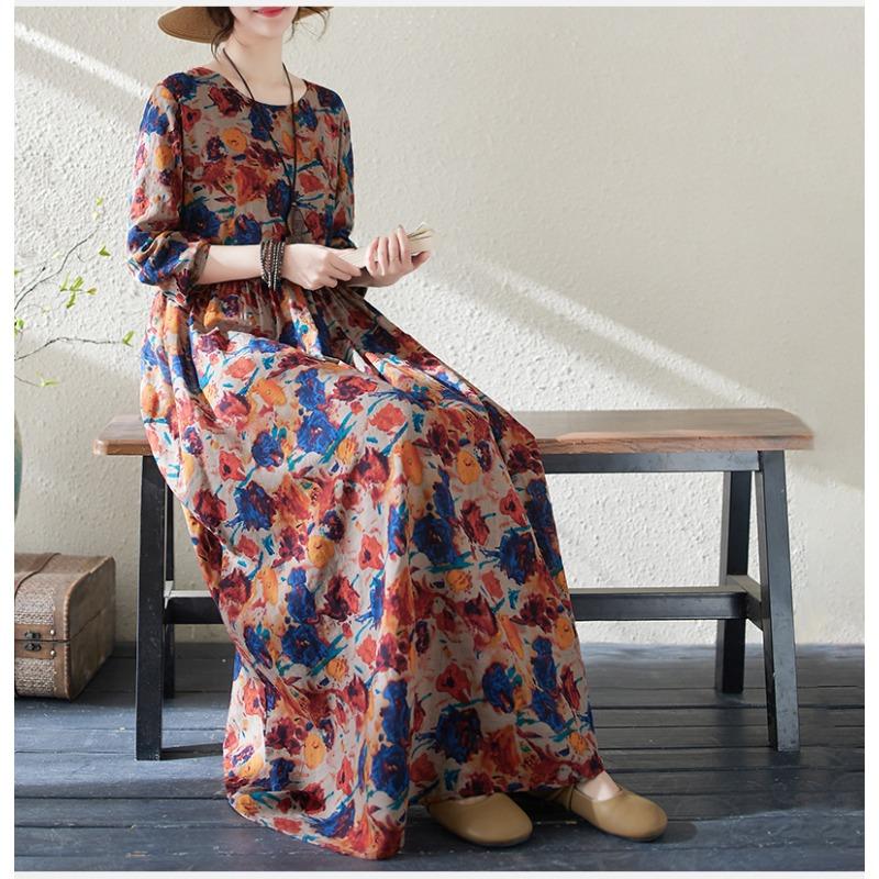 DIMANAF 2024 Rochie de primăvară mărime Plus pentru femei, rochie boemă ocazională cu imprimeu floral, rochie lejeră pentru plajă, decolteu O, verde, femeie