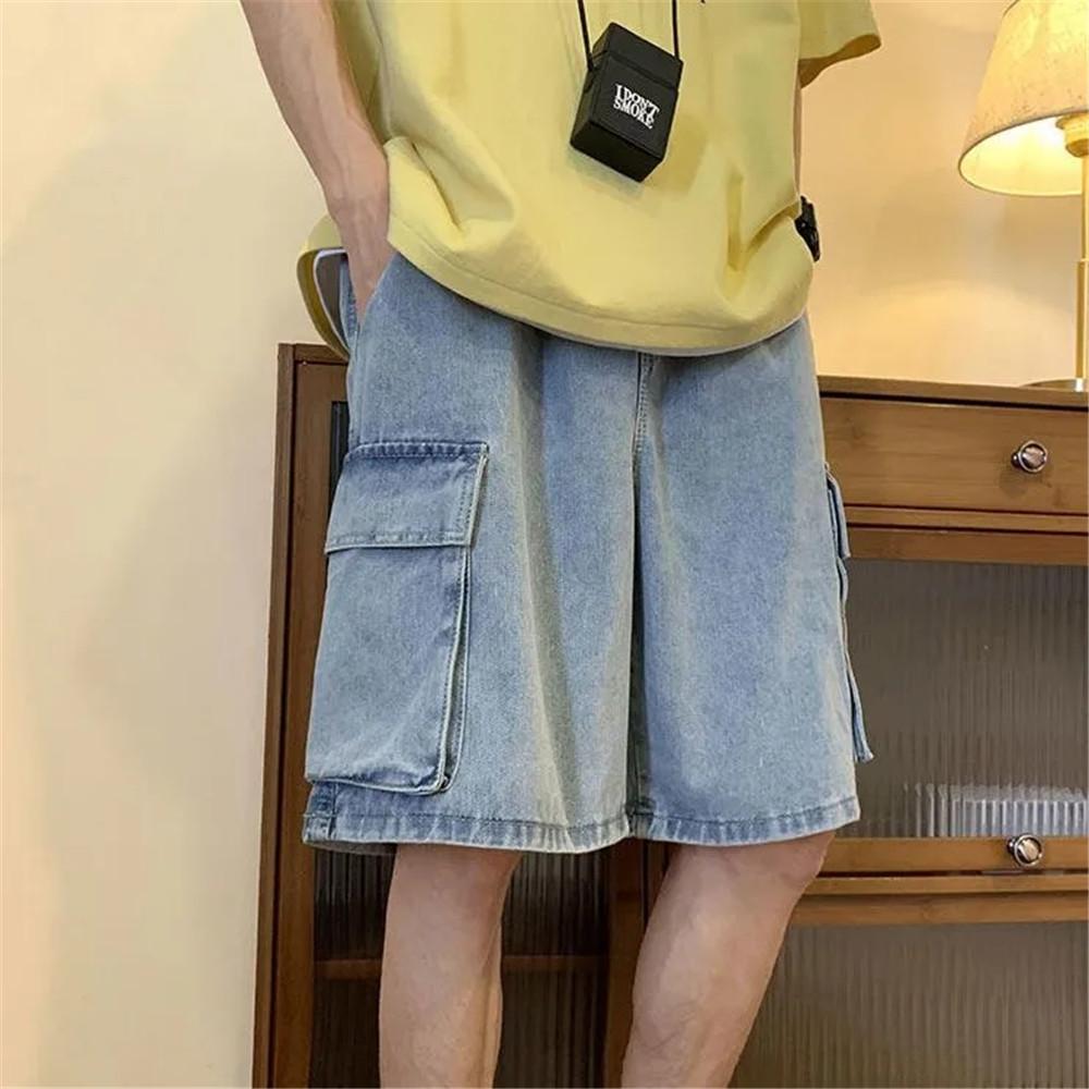 Blue Denim Shorts Men's Summer Thin Tooling Hong Kong Style Loose Big Pocket Washed Five-point Casual Pants
