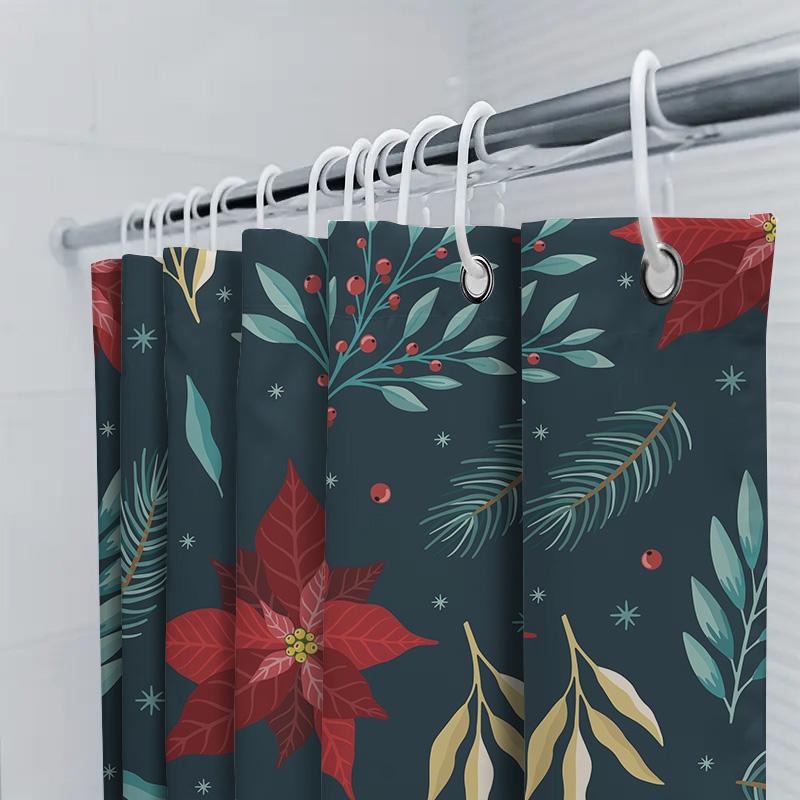 GAEStylish Blue Floral Shower Curtain with Christmas Poinsettias for Bathroom Decor Waterproof Fabric Easy Installation Kit In