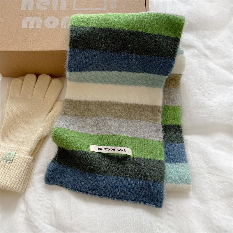 Collection of Warm and Cute Contrasting Color Rainbow Knitted Scarves for Autumn and Winter