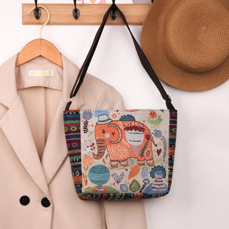 Yogodlns Håndveske i etnisk stil Broderi Elefant Lerret Dame Skuldervesker Dagligvareoppbevaringsveske Stor kapasitet Crossbody-veske