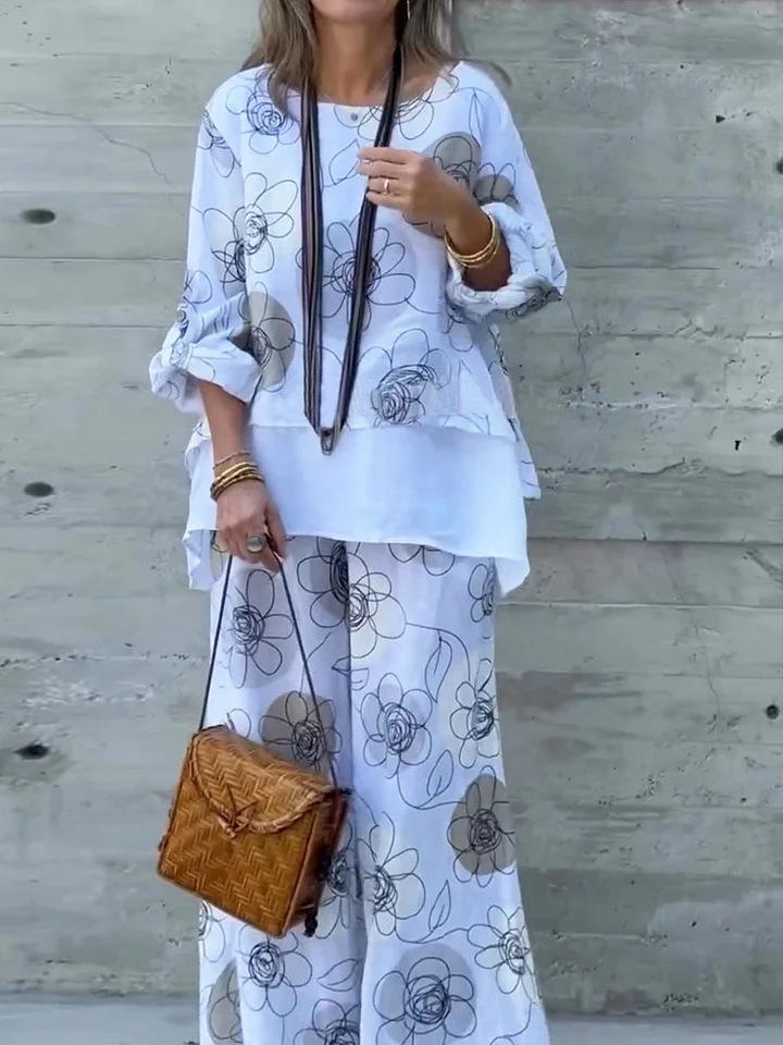 Women Bohemian Floral Print Two Piece Set V Neck Top Wide Leg Pants Casual Vacation Outfit