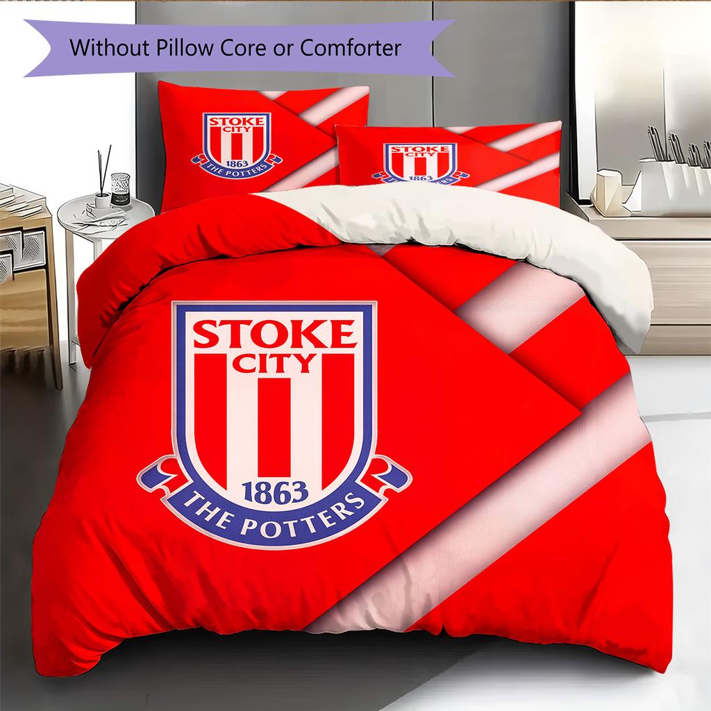 Stoke City FC Muster Bettwäsche Bettdecken-Set Heimdekoration Geschenk (1 Bettbezug + 2 Kissenbezüge (ohne Füllung))