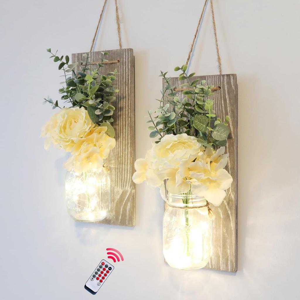 1 Set Modern Farmhouse Wall Decor, Rustic Wall Art Living Room Decor with Led Fairy Lights and Rose Flowers, Country Home Decor Gifts