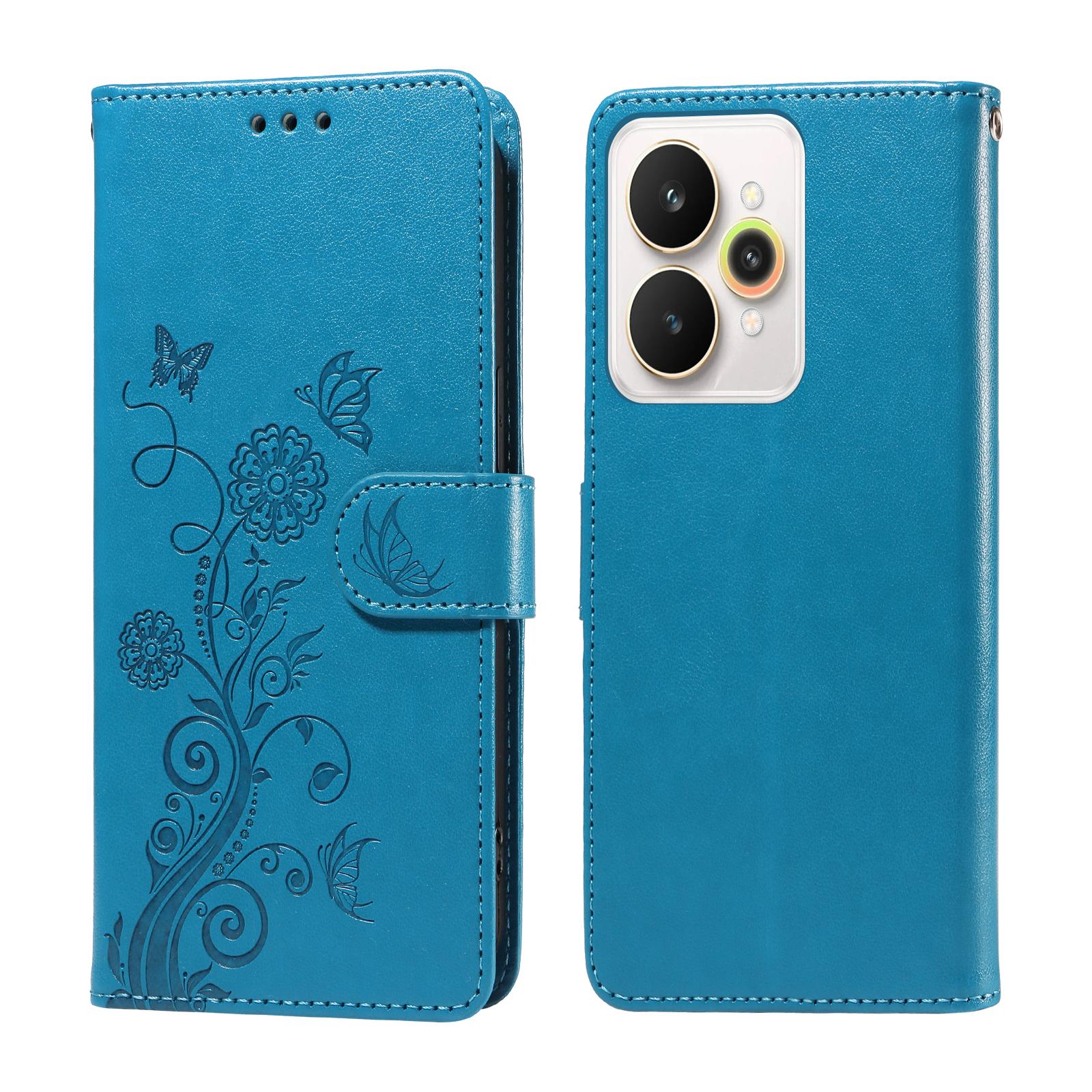 

Для Realme 15 Pro 5G/Realme 15 5G Кожаный чехол Бабочка Цветочный оттиск Кошелек Подставка Обложка Blue