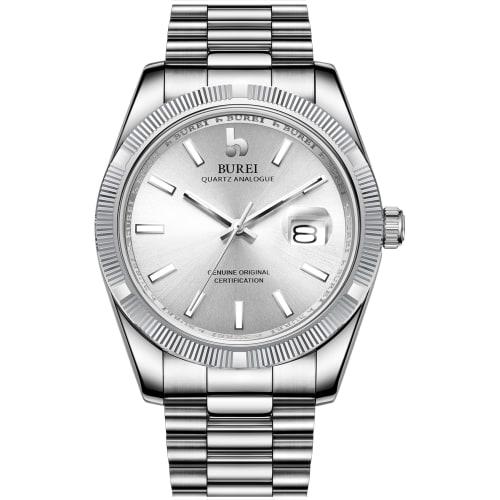 BUREI Men's Analog Watch, Popular Brand, Waterproof Quartz Movement, Business Watch, Fashionable, Simple, Silver-White Luminous Watch, Birthday Gift