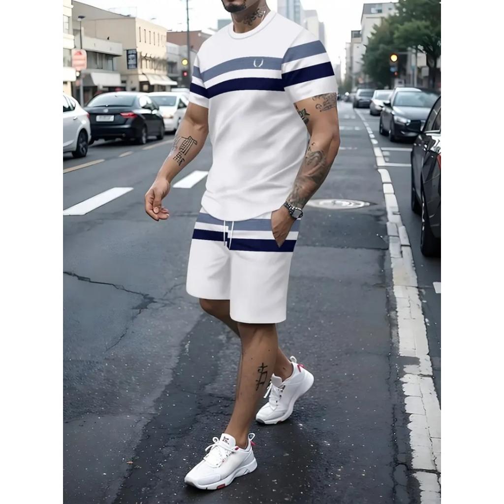 2025 Men's Short Sleeve Set Anchor Print Blue And White Summer Short Sleeve Shorts 2 Pieces Urban Fashion Street Suit