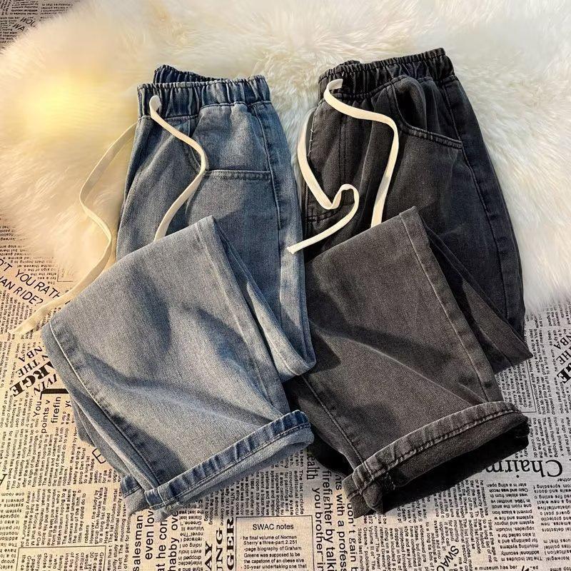Women's Light Blue Elastic Waist Drawstring Jeans - Slim, Loose, Straight, Wide-Leg Casual Pants for Spring & Autumn