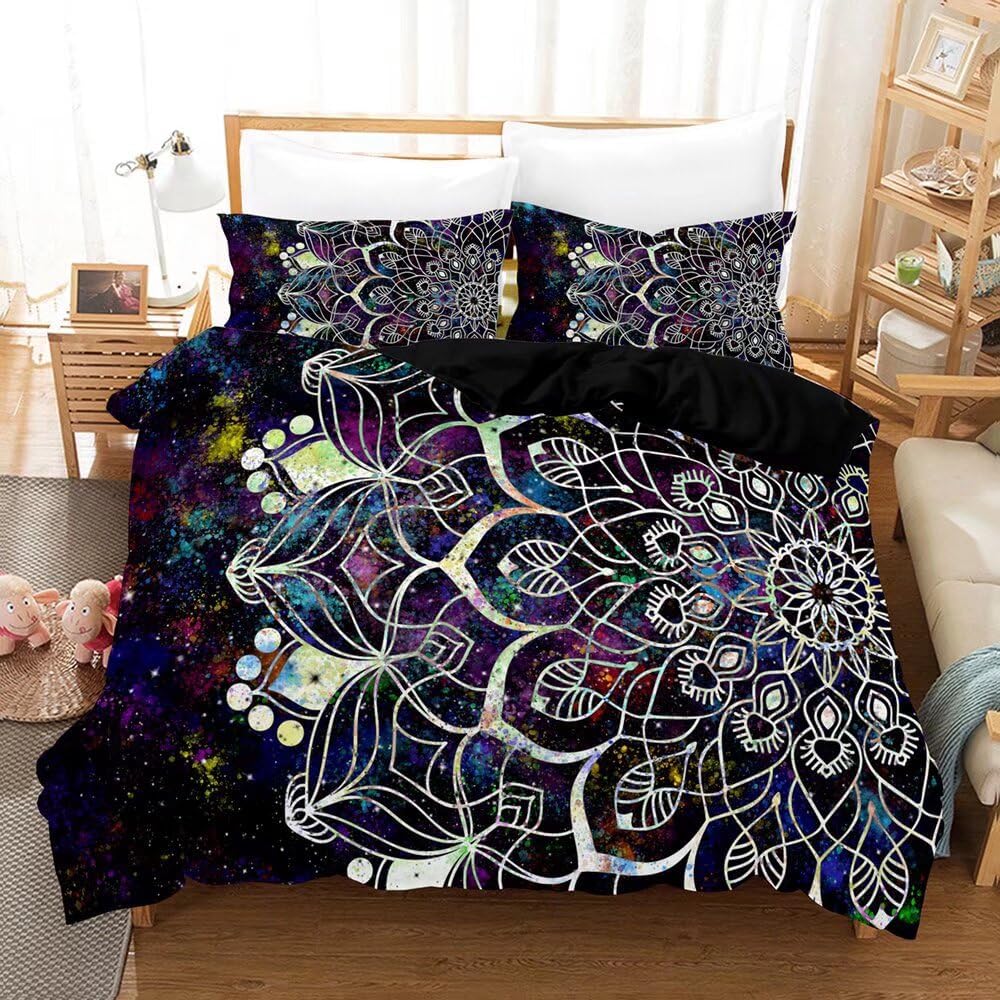 Lotus Duvet Cover Trippy Dreamy Mandala Bedding Set,Boho Floral Comforter Cover Exotic Tribal Damask Flowers Bed Set Twin Queen