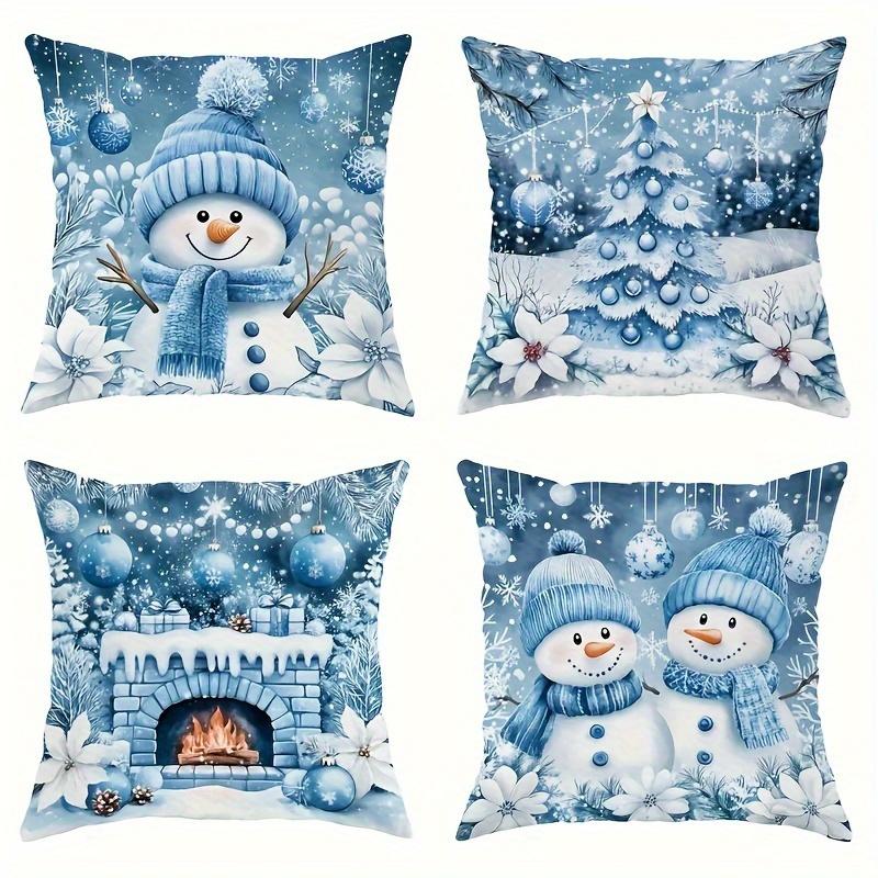 4Pcs, Winter Christmas Pillow Cover - Holiday Snowman, Tree And Fireplace Design In Blue - Machine Washable Living Room And Bedr