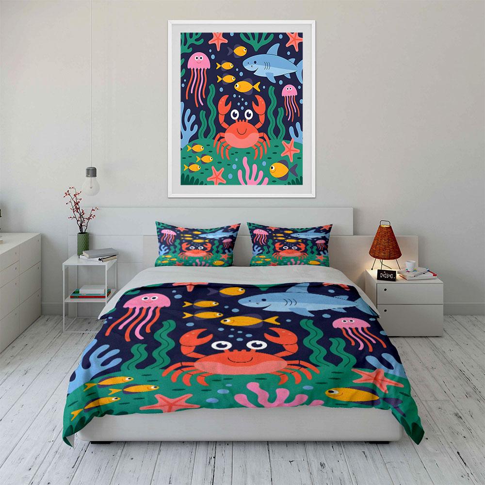 Underwater Cartoon Animals Set Bedding Duvet Cover Set (1*Duvet Cover 2*Pillowcases, without duvet insert)