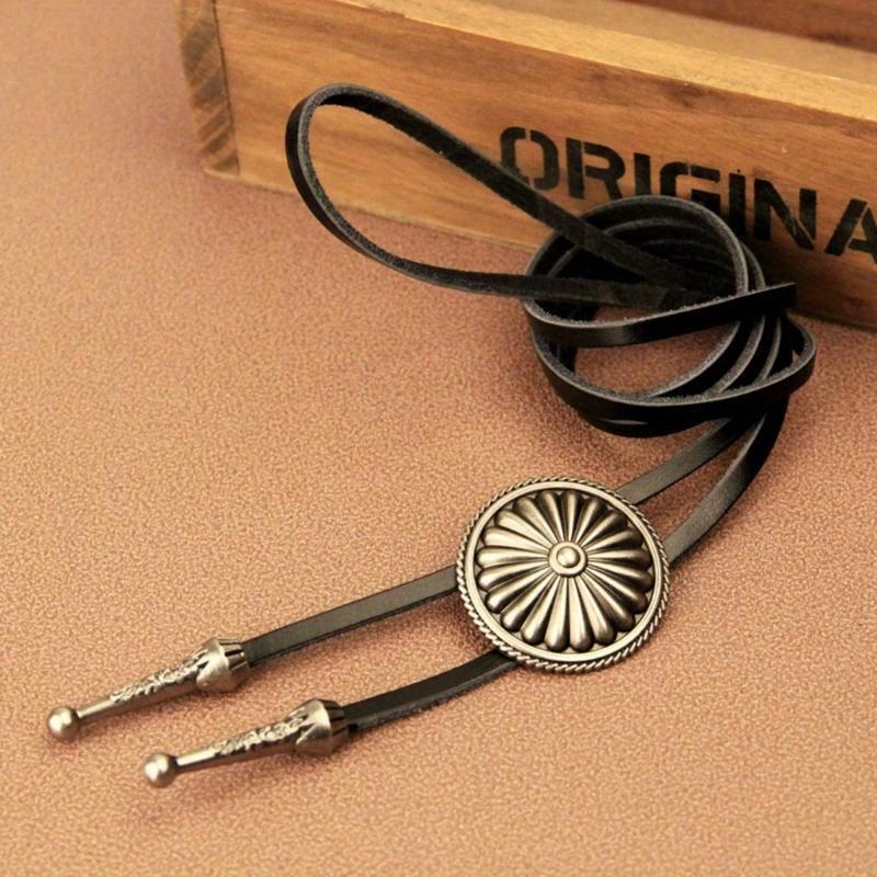Colier cu șnur Boho Colier Bolo Western Colier Bolo Rotund Vintage Cravată Cowboy Cravată Cowboy din Piele Lanț pentru Pulover Bolo din Piele