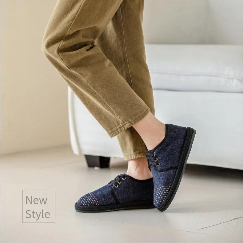 Johnature Handmade Cotton Shoes Retro Round Toe Lace Up Soft Sole Comfortable Women's Flat Shoes