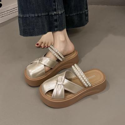 Baotou Cool Slippers Women's 2025 New Summer Pearl Two Wear Thick Bottom Design Sense Hollow One Pedal Lazy Half Tray