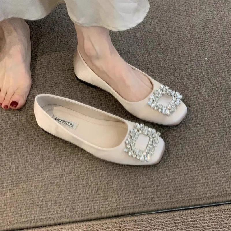 Chaussures plates douces printemps nouveau bouche peu profonde strass tête carrée tempérament chaussures simples femmes
