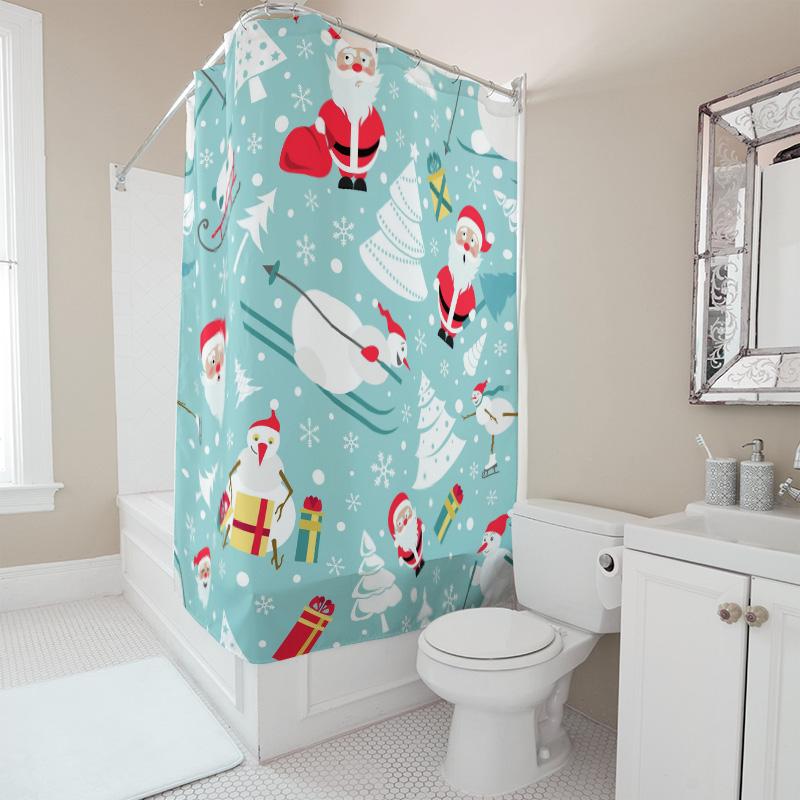 Tu Christmas Shower Curtain Festive Holiday Decor Winter Wonderland Snowman Reindeer Pattern Waterproof Bathroom Fabric Backdrop