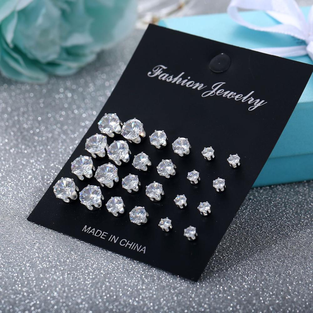 6/12Pairs Elegant Wedding Women Alloy Silver Round Zircon Geometric Crystal Stud Earrings Set