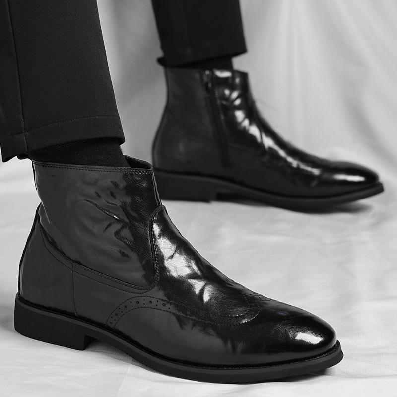 Round Head Chelsea Boots Top Layer European and Korean Retro Flat Bottom Short Boots Martin Boots One Pedal Shoes