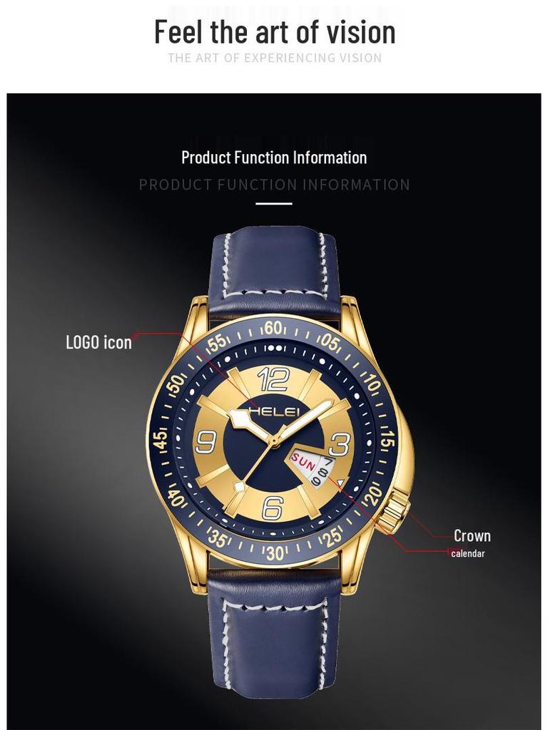 HELEI Men's Luminous Quartz Watch: Waterproof with Genuine Leather Band.