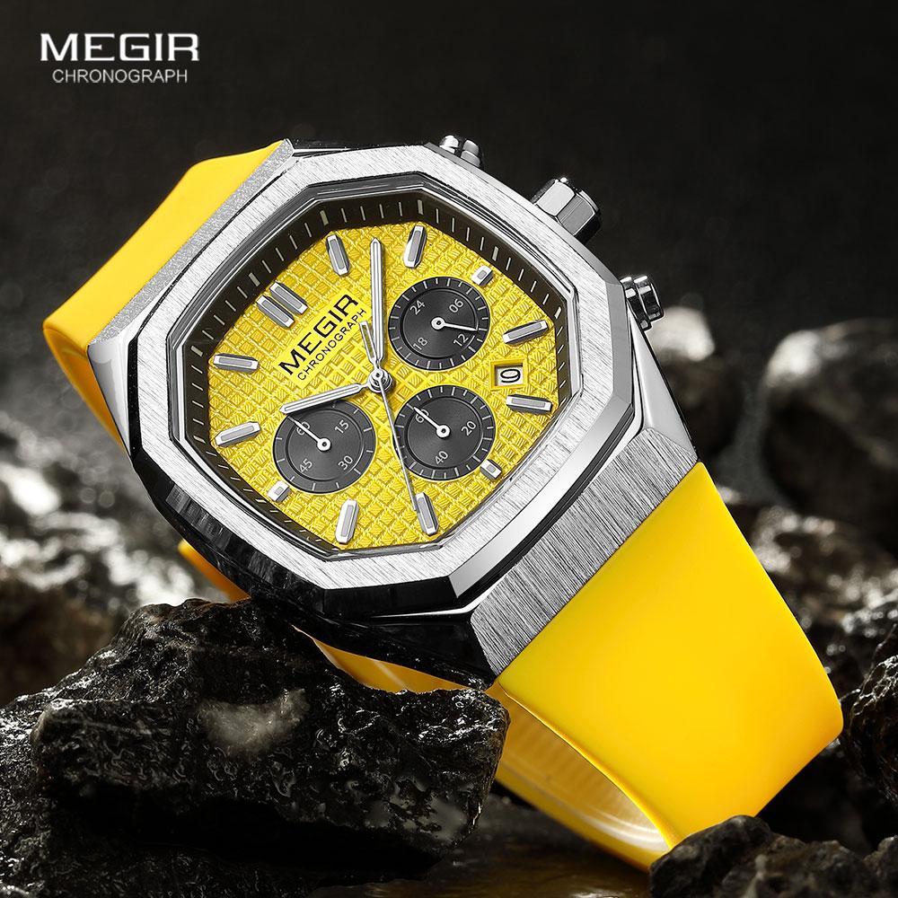 Megir Sport Watch Men Chronograph Quartz Wristwatch with Date Octagon Dial Luminous Hands Silicone Strap
