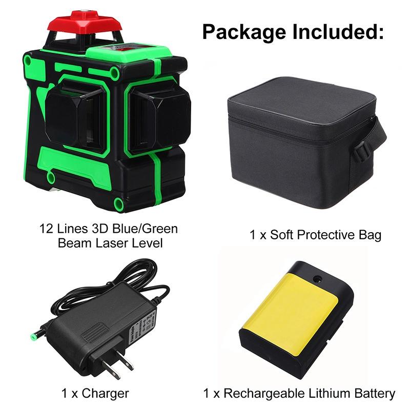 3D 12 Line Laser Level Blue Green Light 360 Degree Rotation Auto Leveling Horizontal Vertical Laser Beam with 2 Battery