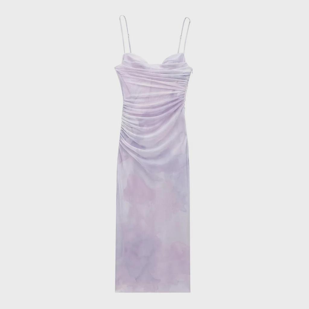 2024 Summer Lavender Pleated Tulle Slim Suspender Dress