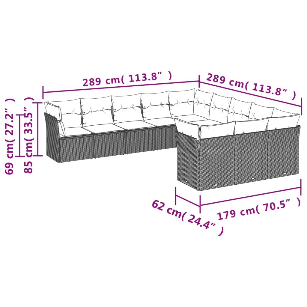 11-teiliges Gartensofa-Set mit Polstern braunes Polyrattan