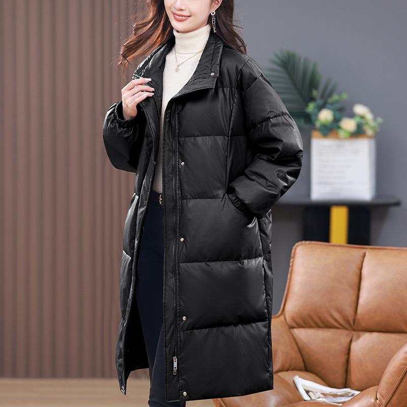 Women's PU Leather Plus Size Mid-Aged Winter Down Jacket 2024 - White Duck Down Thick Long Coat