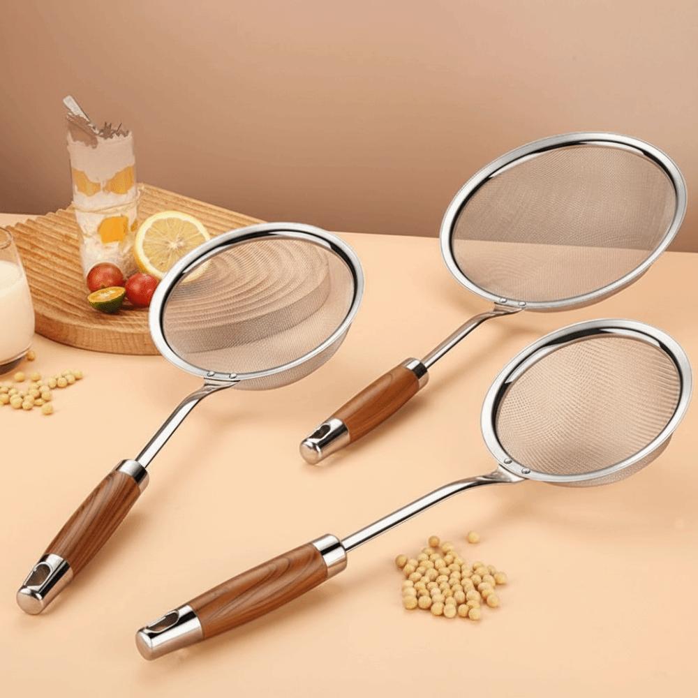 Stainless Steel Fat Skimmer Spoon Professional Wooden Handle Oil Skim Strainer Kitchen Tools Sieve Filter Colander Cooking