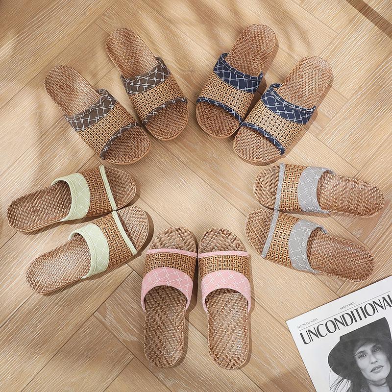 Breathable Rattan Slippers for Couples, All-Season Indoor Wear, Women's Woven Bamboo-Linen, Wooden Floor Friendly.