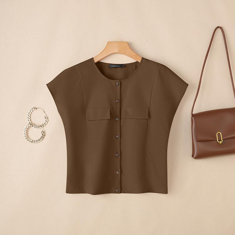 ZANZEA Women Casual Round Neck Solid Color Short Sleeve Blouse