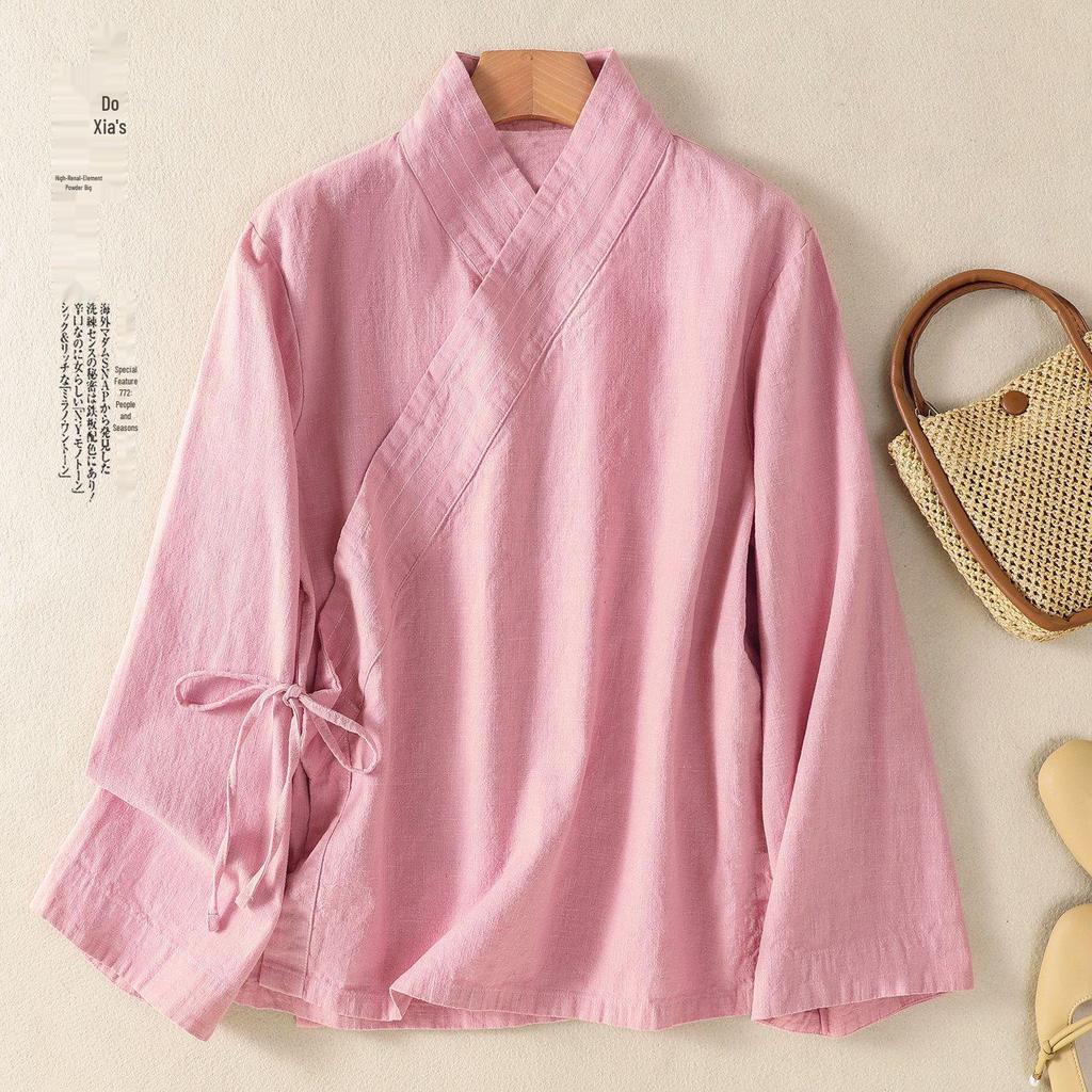 V-Neck Lace-Up Loose Slimming Chinese Style Cotton Linen Long-Sleeve Top for Spring/Summer