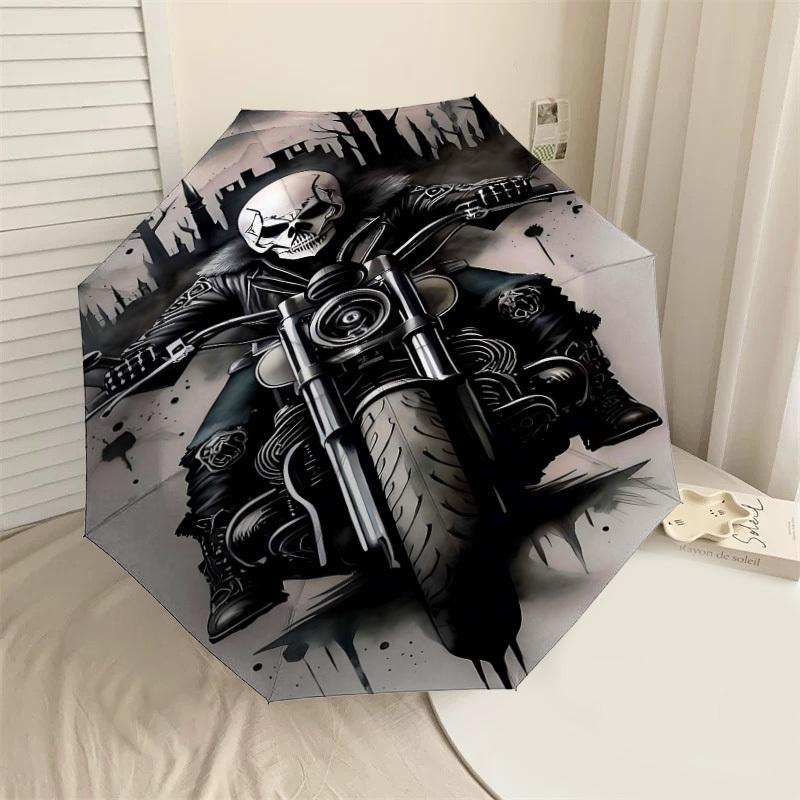 

1pc Skull Biker Automatic Open/Close Umbrella Compact Folding Umbrella with 8-Rib Shaft for Women/Men, Elegant Birthday1211S