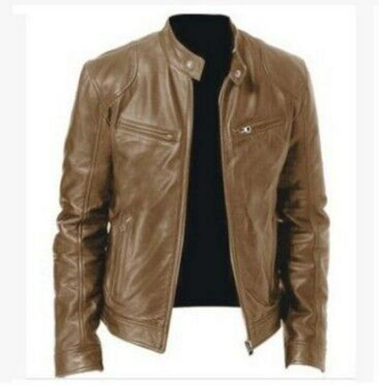 Men's Slim Fit PU Leather Stand Collar Motorcycle Jacket with Zipper and Pocket Details.