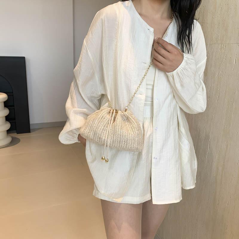 2025 summer new models, this year's popular fashion Korean version casual bag straw chain shoulder messenger bag bucket bag women