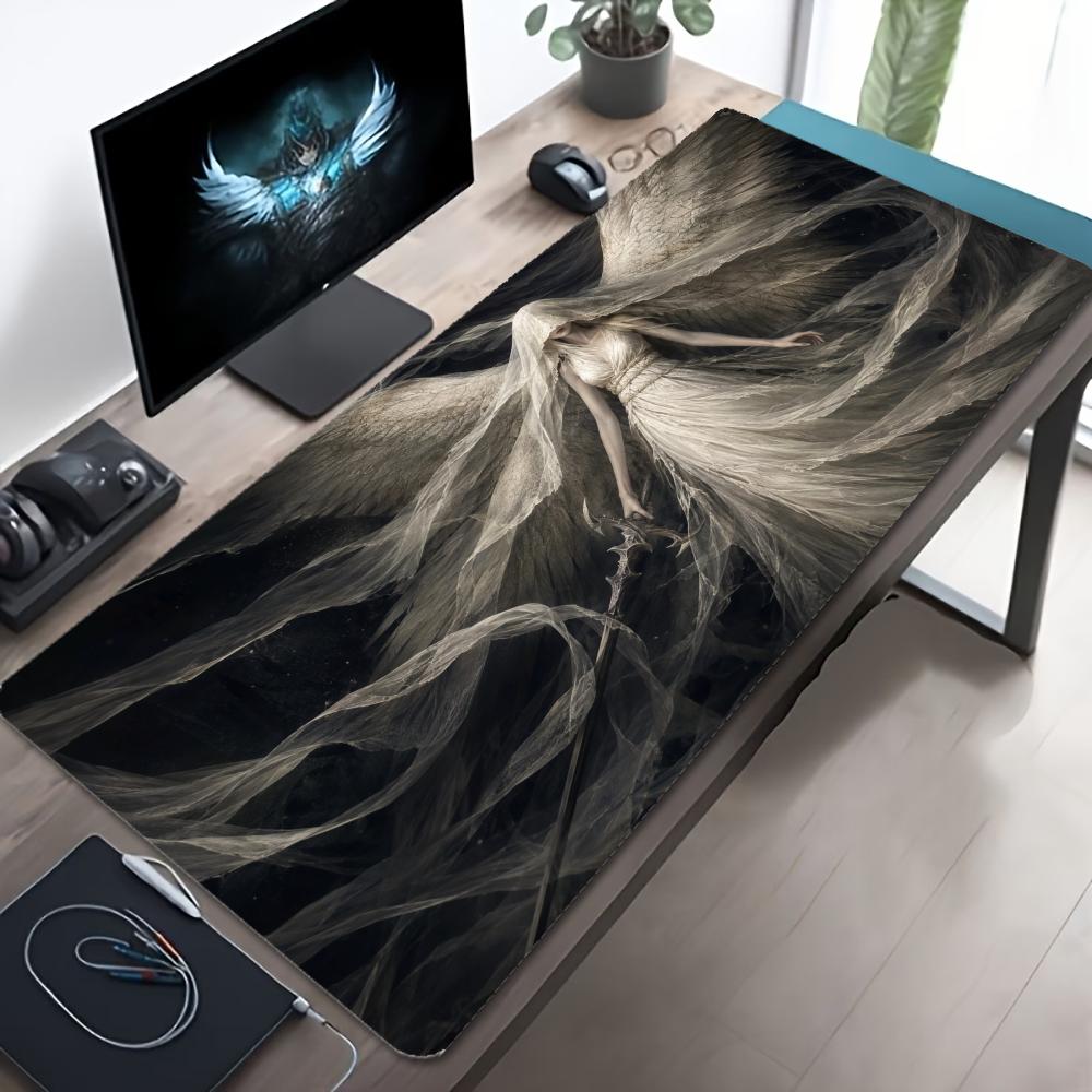 Veiled White Wing Angel TCG Playmat 35X60CM Dress Gothic Sword Magic Card Mat Non-Slip Durable Stitched Edge Tabletop Playmat