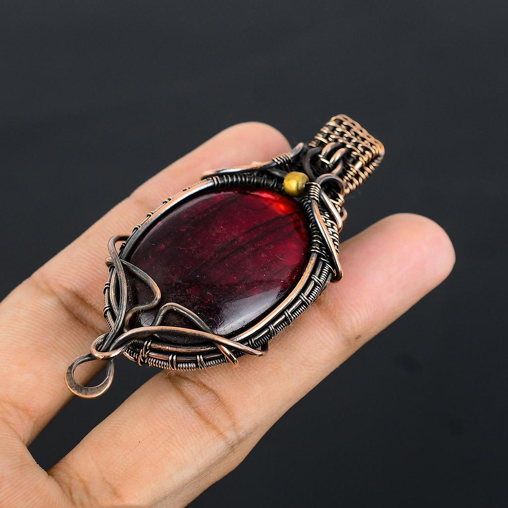 Red Labradorite Handmade Copper Wire Wrapped Pendant Jewelry 2.8" E7c21