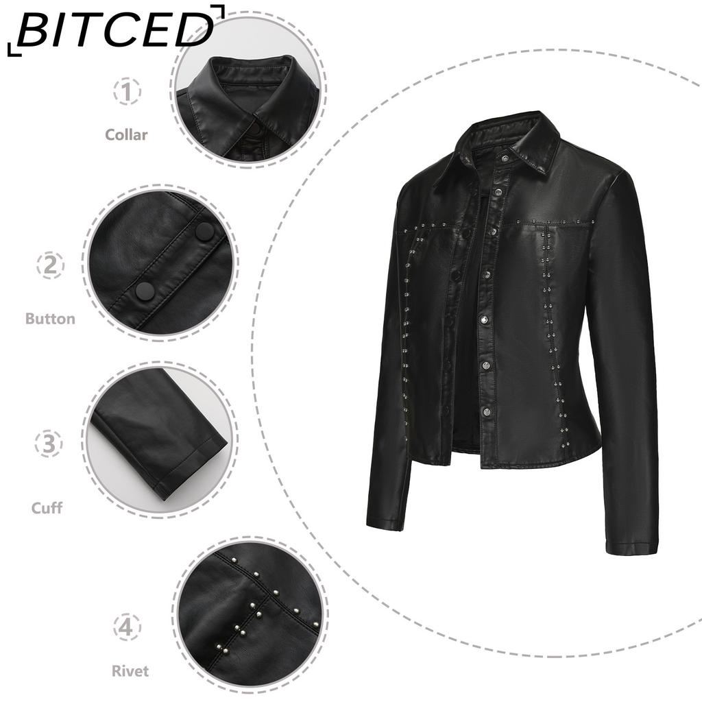 BITCED Women's Spring/Autumn Studded Leather Jacket Cardigan Button-Up Leather Clothing Fashionable Lightweight Outerwear