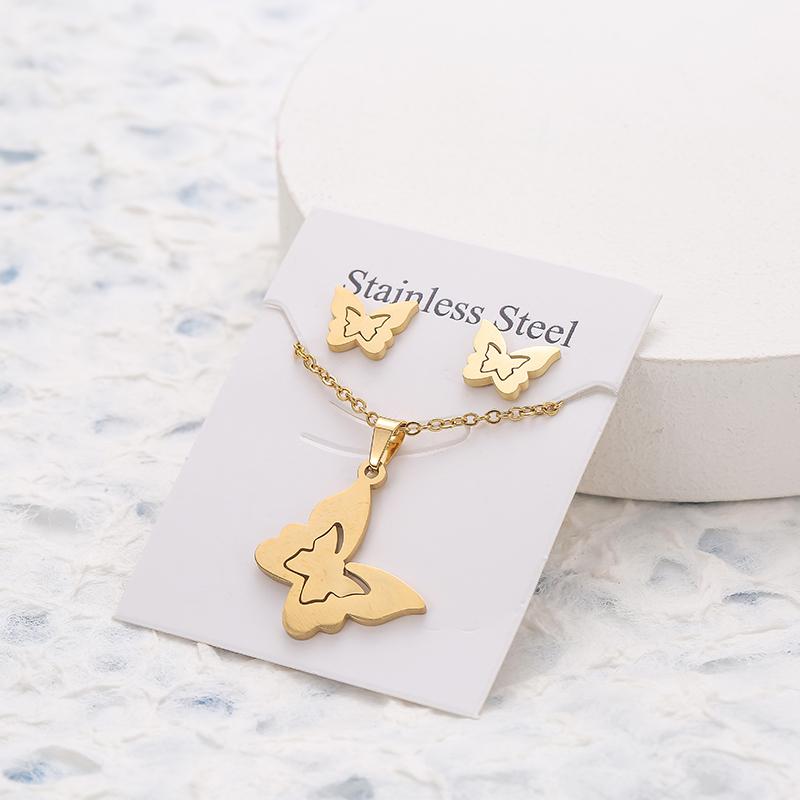 New Animal Flower Butterfly Stainless Steel Pendant Necklace Sets For Women Gold Color Chain Necklace Earrings Zircon Gifts