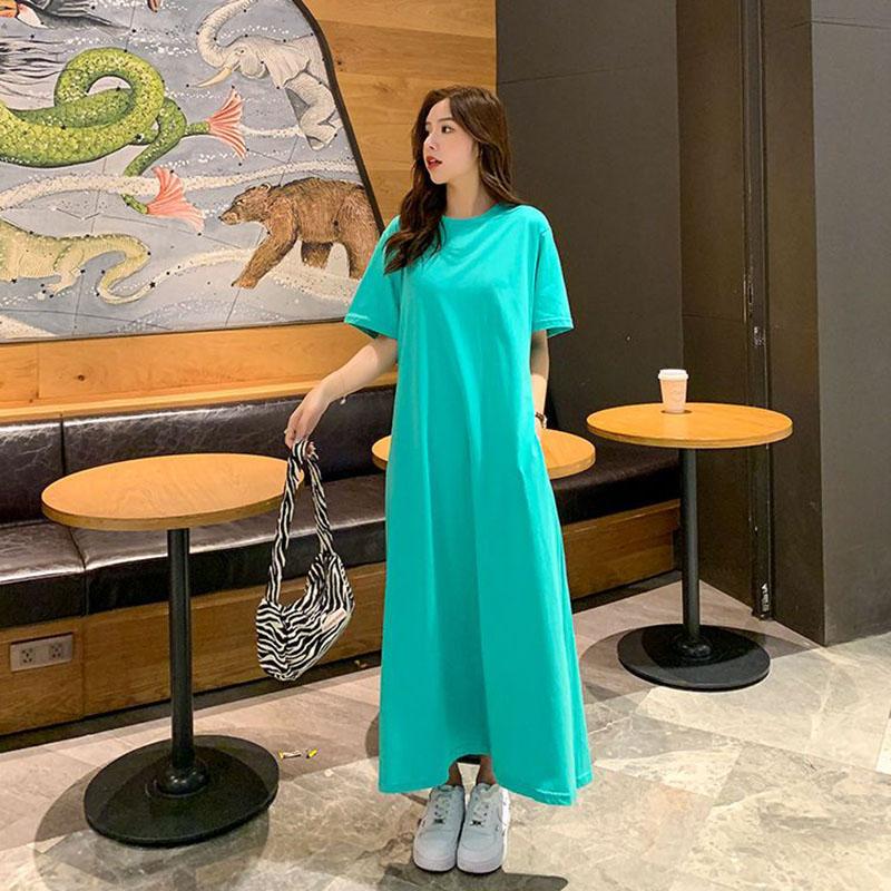 Plus Size Women Dress Summer Loose Short Sleeve Silky Slim Dress Age Reducing A-Line Dress Female