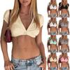 Women's Fashion Casual Solid Color Deep V Neck Short Sleeve Crop Top Button Front Slim Fit Summer Shirt
