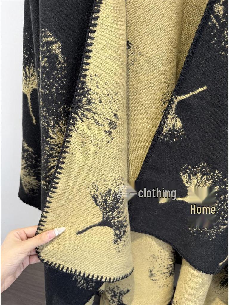 Fall/Winter Warm Ginkgo Leaf Knit Shawl Cape