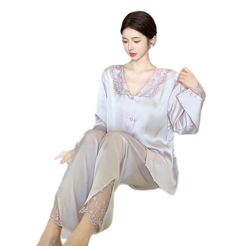 Ice Silk Pajamas Women's French Lace Cardigan Imitation Silk Long-sleeved Trousers Two-piece Set Summer Spring and Autumn Loungewear