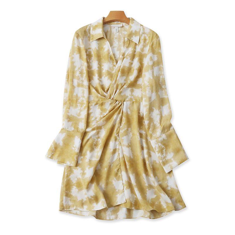 

Платье с плиссировкой и свободными длинными рукавами, новая летняя коллекция, окрашенное чернилами Yellow tie-dye XL